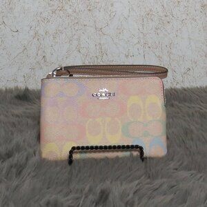 Coach Signature Rainbow Print Corner Zip Wristlet (Sand)